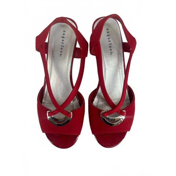 7M - Women's - Sugarfoot -‎ Red Wedge Heels with Silver Accent - Picture 1 of 9